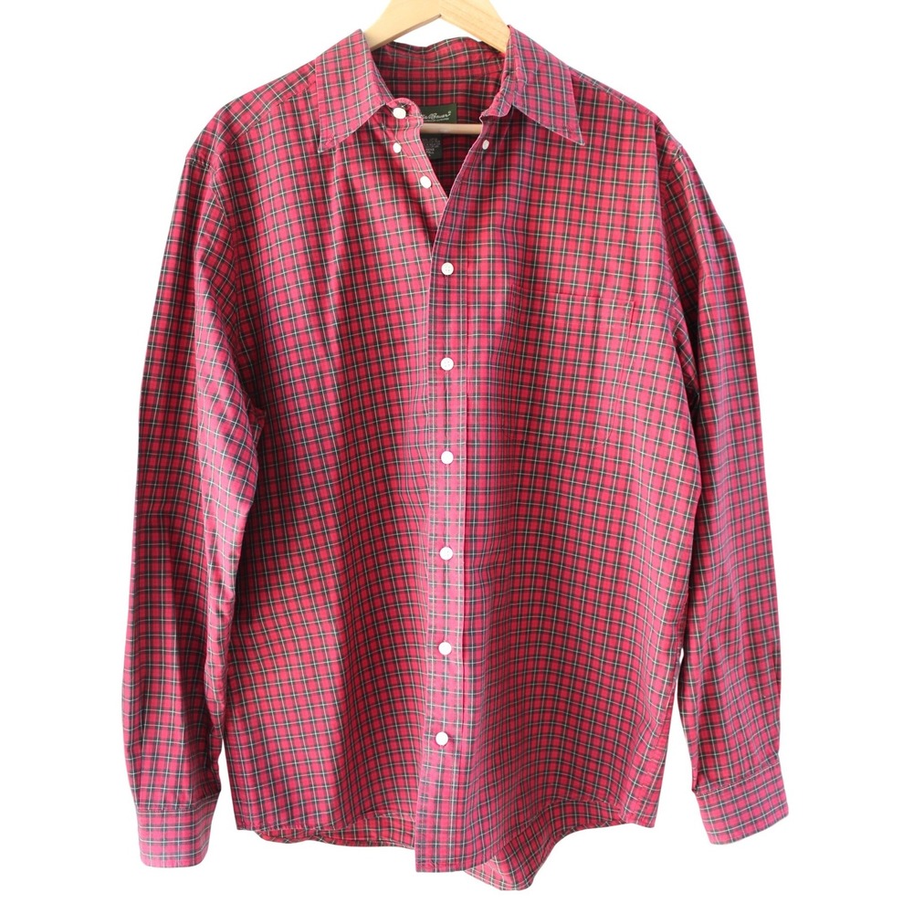 Eddie Bauer Button Down Shirt Mens Large Tall Red Plaid‎ Long Sleeve Cotton